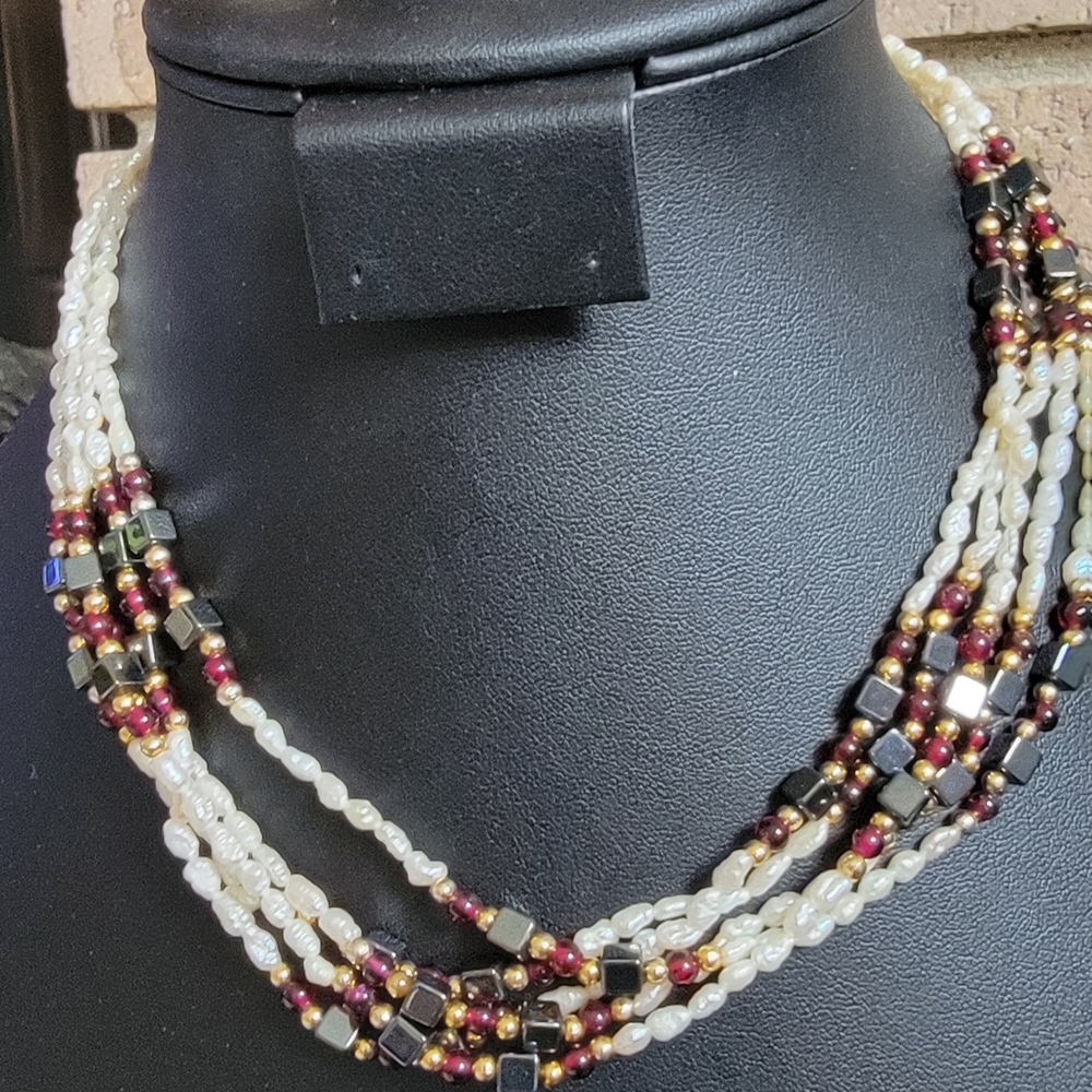 5 Strand Of Rice Pearl and Garnet, Hematite And Gold Bead Necklace